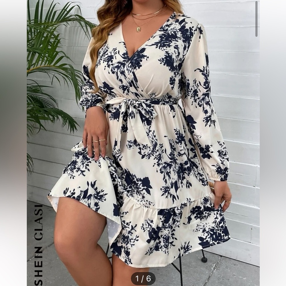 Floral print latern sleeve ruffle hem belted dress. 3X and 4X